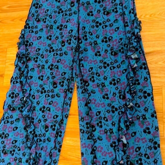 Anna Sui Womens Blue Ruffle Trim Field Flower Pants M Boho Festival Wide Leg - Picture 8 of 11